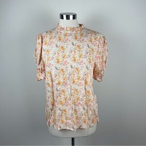 LOFT Blush Pink Orange Floral Ruffle Lightweight Blouse Top New Women Large